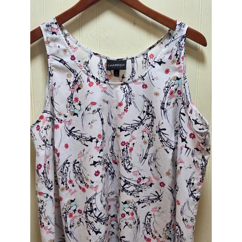 Lane Bryant Tank‎ Top Womens 14 White Bird Floral Ruffle Hem Tunic Sleeveless